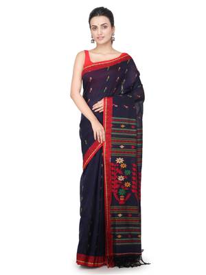 Blue hand woven pure cotton saree with blouse 1