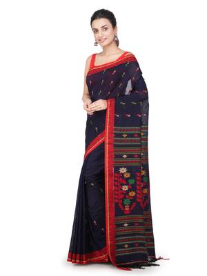 Blue hand woven pure cotton saree with blouse 2