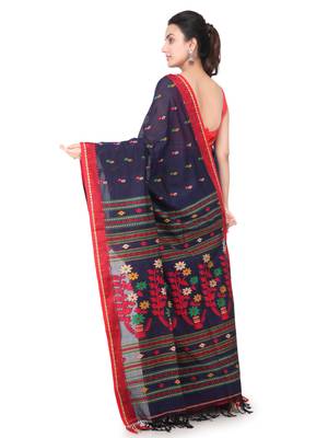 Blue hand woven pure cotton saree with blouse 3