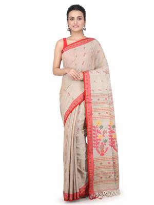 Beige hand woven pure cotton saree with blouse 1