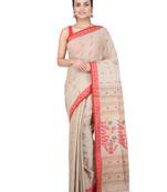 Beige hand woven pure cotton saree with blouse