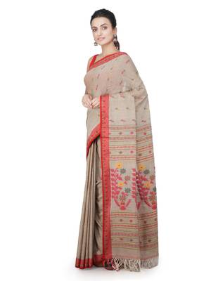 Beige hand woven pure cotton saree with blouse 2