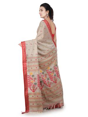 Beige hand woven pure cotton saree with blouse 3