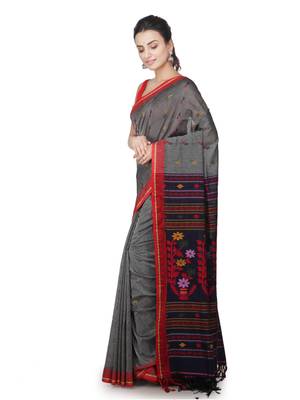 Grey hand woven pure cotton saree with blouse 2