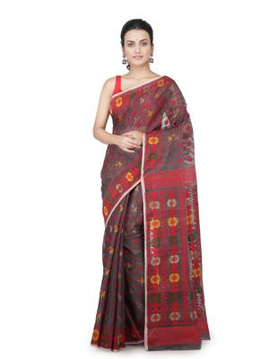 Grey Hand Woven Pure Cotton Saree Without Blouse 1
