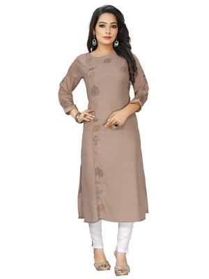 Brwon Embroidered Cotton Blend Straight Kurtis 1