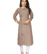 Brwon Embroidered Cotton Blend Straight Kurtis