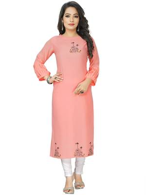 Peach Embroidered Cotton Blend Straight Kurtis 1