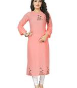 Peach Embroidered Cotton Blend Straight Kurtis