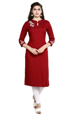 Maroon Embroidered Rayon Straight Kurtis 1