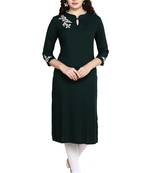 Dark Green Embroidered Rayon Straight Kurtis