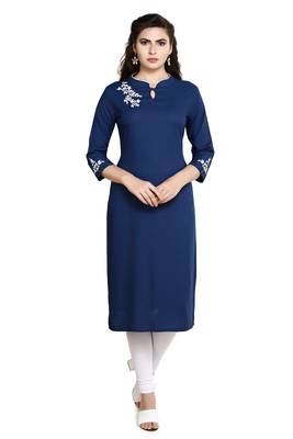 Blue Embroidered Rayon Straight Kurtis 1