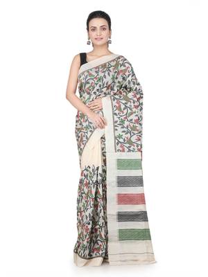 Beige hand woven tussar saree with blouse 1
