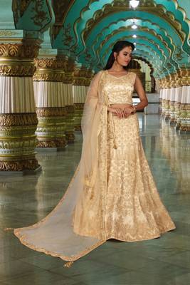 Cream Embroidered Net Readymade Lehenga Cholis 4