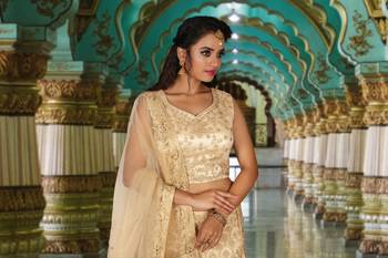 Cream Embroidered Net Readymade Lehenga Cholis 5