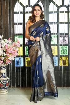 Navy blue woven silk saree with blouse