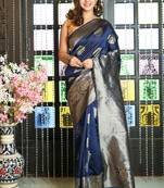 Navy blue woven silk saree with blouse