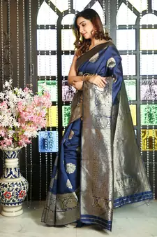 Navy blue woven silk saree with blouse