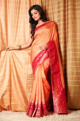 Peach woven silk saree with blouse 1
