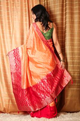 Peach woven silk saree with blouse 3