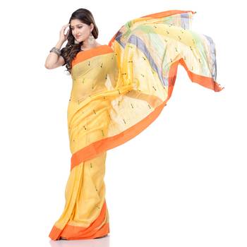 Yellow  woven cotton saree with blouse 3