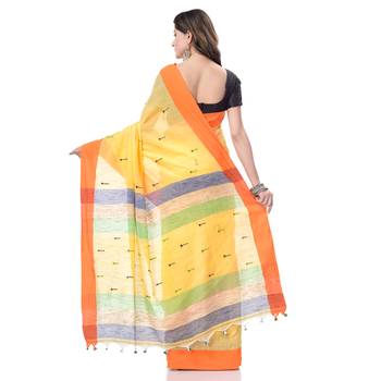 Yellow  woven cotton saree with blouse 4