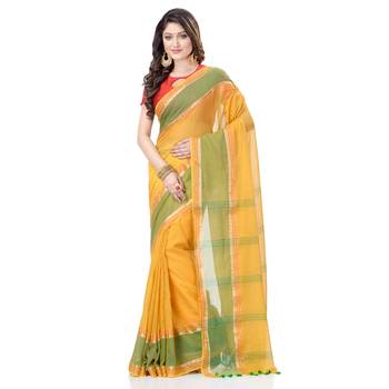 Yellow woven cotton saree with blouse 1