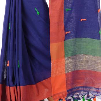 Blue woven cotton saree with blouse 5
