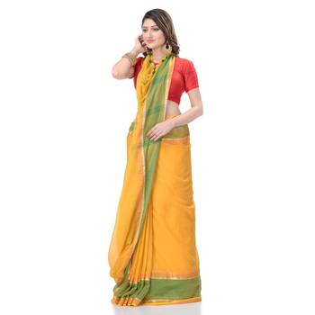 Yellow woven cotton saree with blouse 3