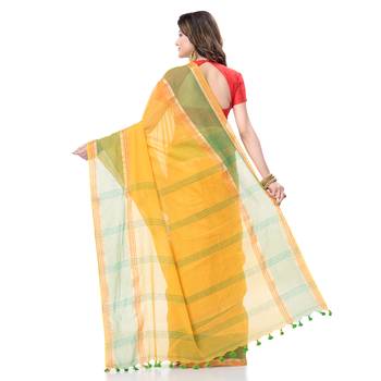 Yellow woven cotton saree with blouse 4