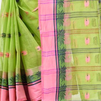 Green Woven Cotton Saree Without Blouse 5