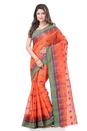 Orange Woven Cotton Saree Without Blouse
