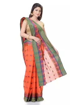 Orange Woven Cotton Saree Without Blouse