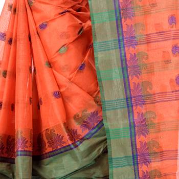 Orange Woven Cotton Saree Without Blouse 5