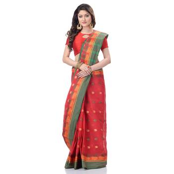 Red Woven Cotton Saree Without Blouse 1