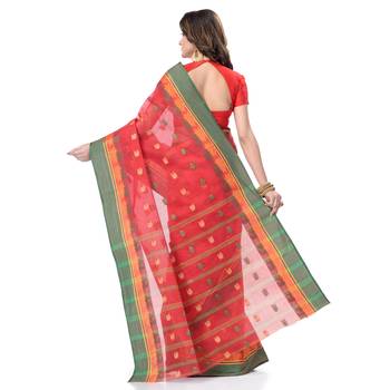Red Woven Cotton Saree Without Blouse 4
