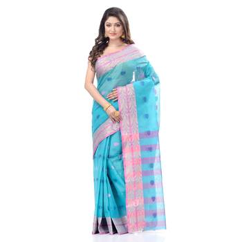 Blue Woven Cotton Saree Without Blouse 1
