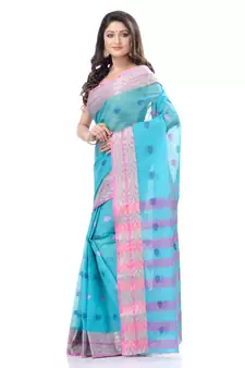 Blue Woven Cotton Saree Without Blouse