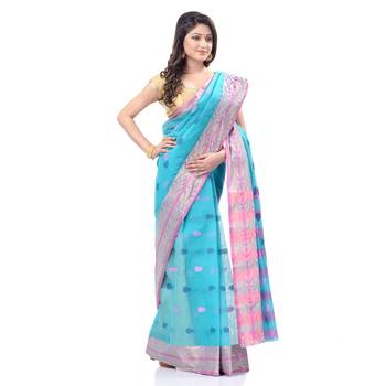 Blue Woven Cotton Saree Without Blouse 3