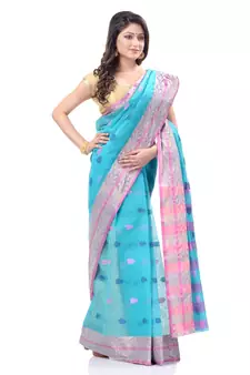 Blue Woven Cotton Saree Without Blouse