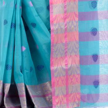 Blue Woven Cotton Saree Without Blouse 5