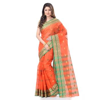 Orange Woven Cotton Saree Without Blouse 1