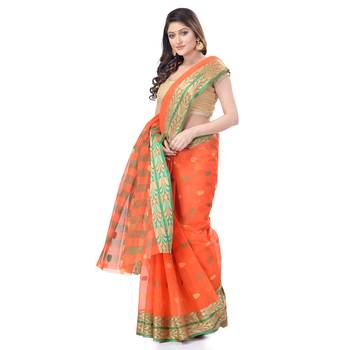 Orange Woven Cotton Saree Without Blouse 3