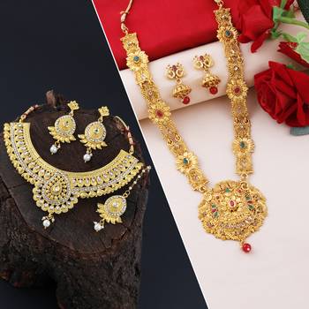SILVER SHINE Gold Plated Traditional Neckalce Set Jewellery Set For Women Girls 1