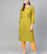 Green Colored Yoke Design Viscose Rayon Straight Kurti