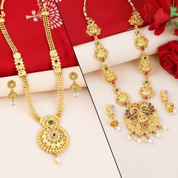 SILVER SHINE Gold Plated Traditional Designer Long Jewellery Set For Women 1