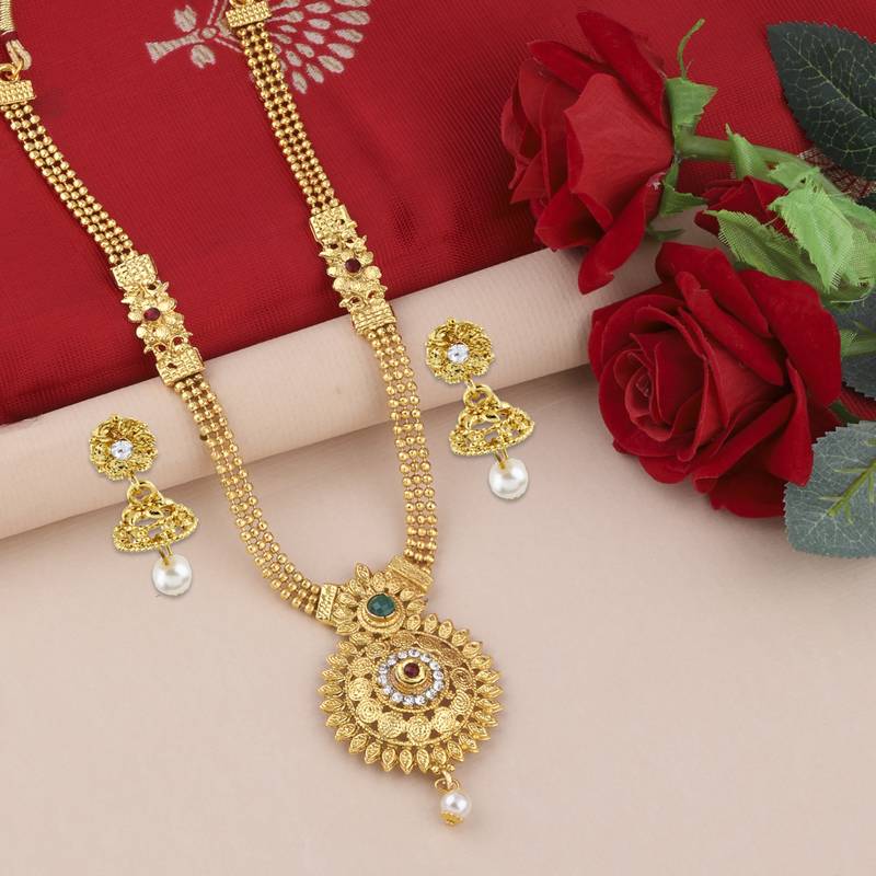SILVER SHINE Gold Plated Traditional Designer Long Jewellery Set For Women