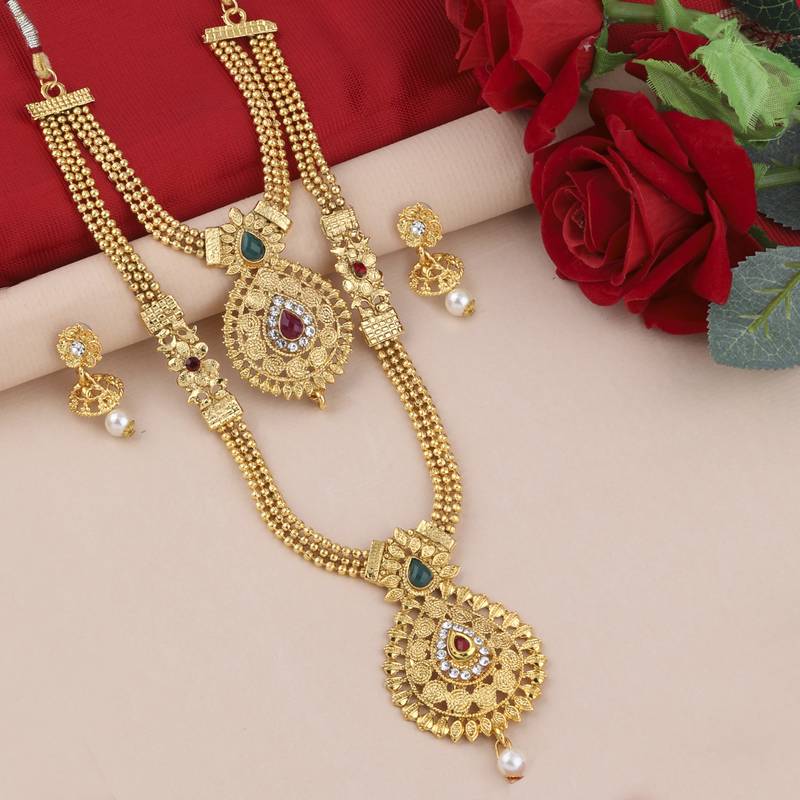 SILVER SHINE Gold Plated Traditional Designer Long Jewellery Set For Women