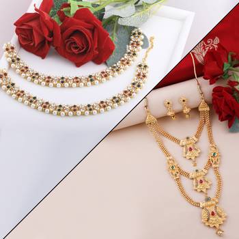 Silver Shine Designer Traditional Long Necklace Set With Anklet Jewllery For Women Girls 1