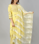 Yellow Colored Bright Cotton Kurta With Pant And Dupatta